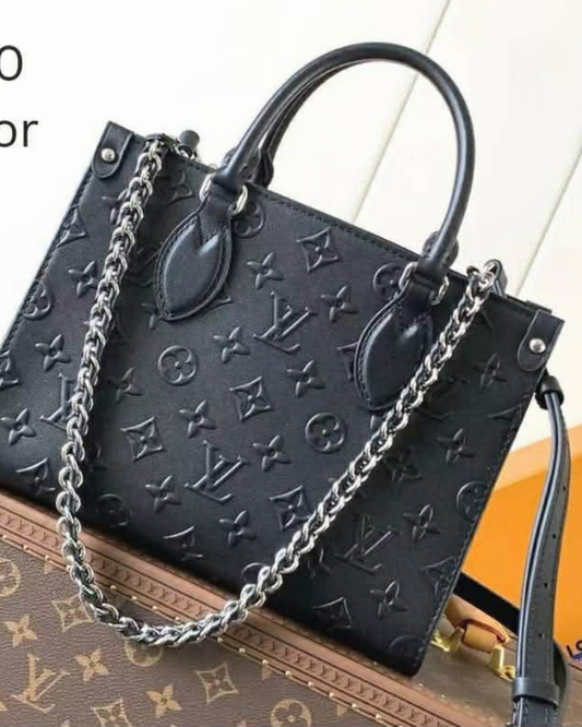 Black Embossed Top-Handle Tote with Chain Strap