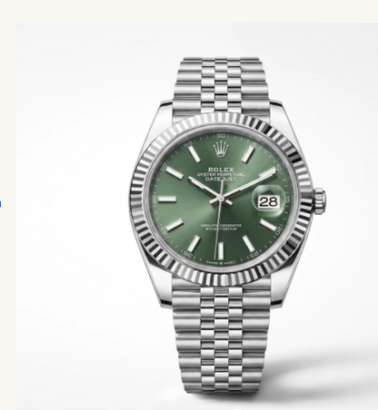 Stainless Steel Watch with Green Dial, Fluted Bezel and Date Display