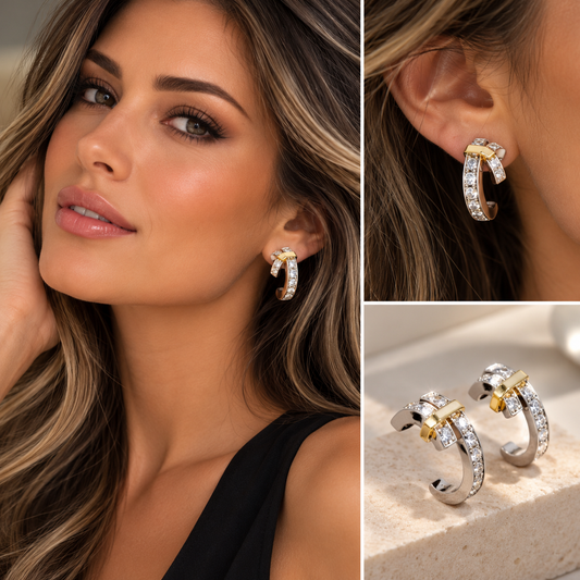 Two-Tone Crystal Accent Open Hoop Earrings