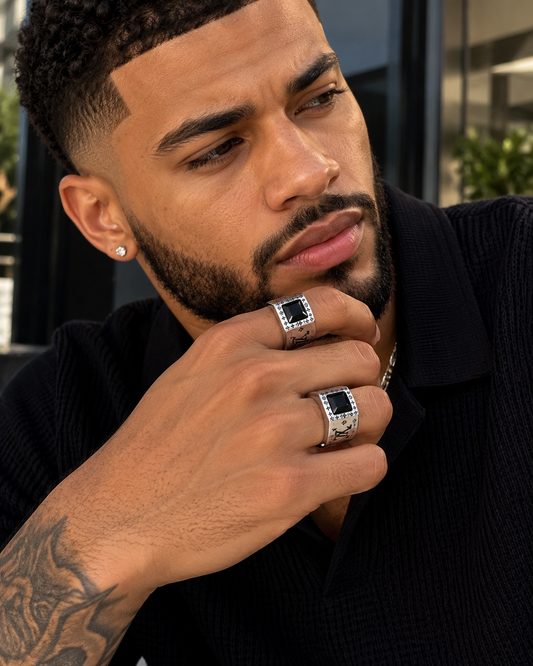 Men's Silver-Tone Engraved Square Black Stone Statement Ring