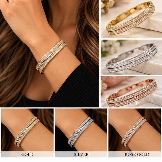 Double Row Pavé Crystal Bangle Bracelet – Gold, Silver & Rose Gold