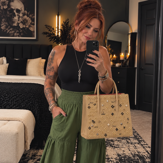 Tan Embellished Leather Tote Bag with Studded Monogram Details