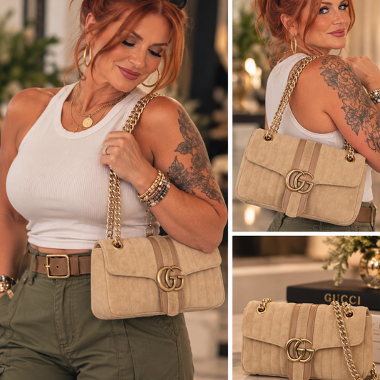 Quilted Suede Shoulder Bag with Double-G Clasp and Chain Strap