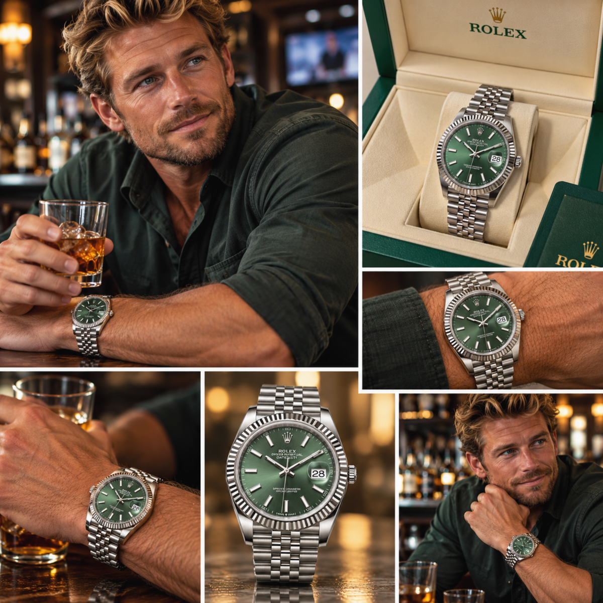 Stainless Steel Watch with Green Dial, Fluted Bezel and Date Display