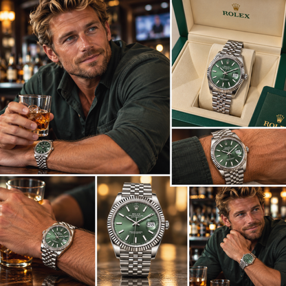 Stainless Steel Watch with Green Dial, Fluted Bezel and Date Display