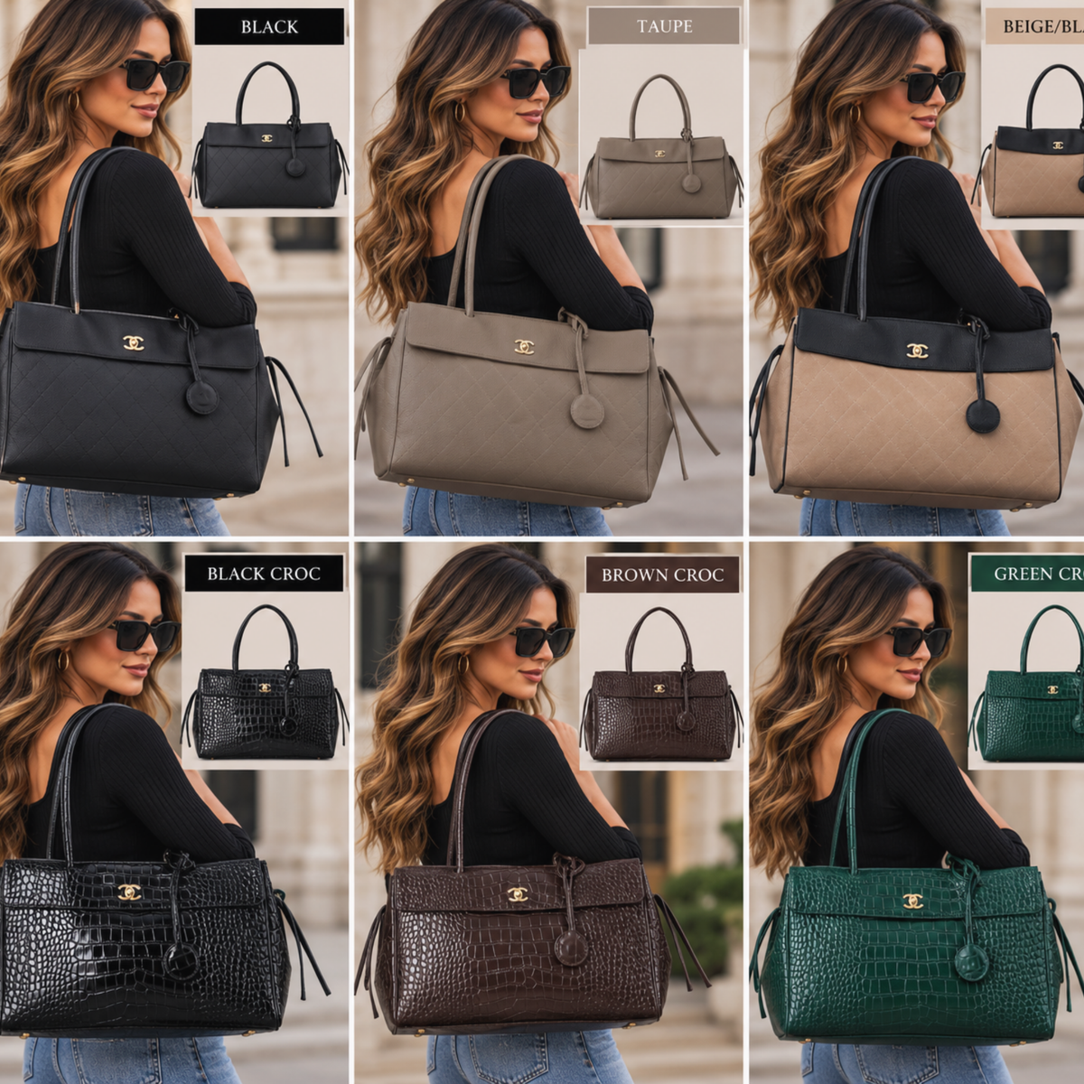 Quilted & Croc Embossed Structured Tote Handbag with Gold Hardware