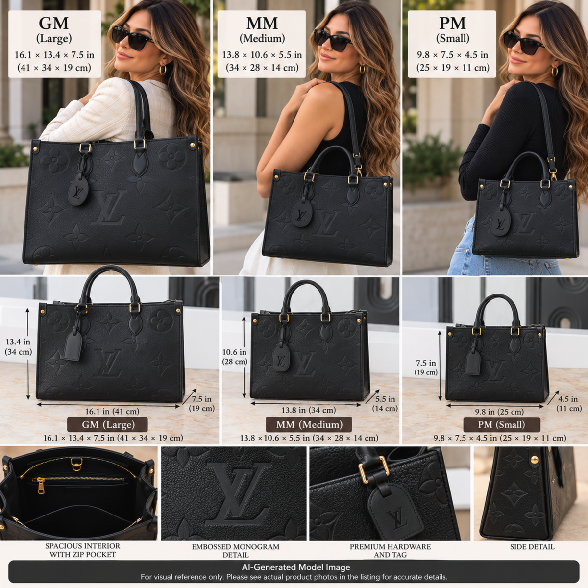 Black Embossed Monogram Structured Tote Bag