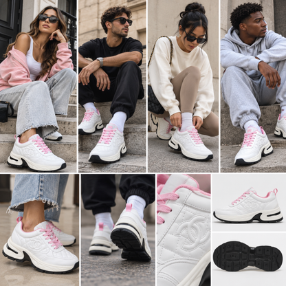 White Quilted Chunky Sneakers with Pink Laces and Black Accents