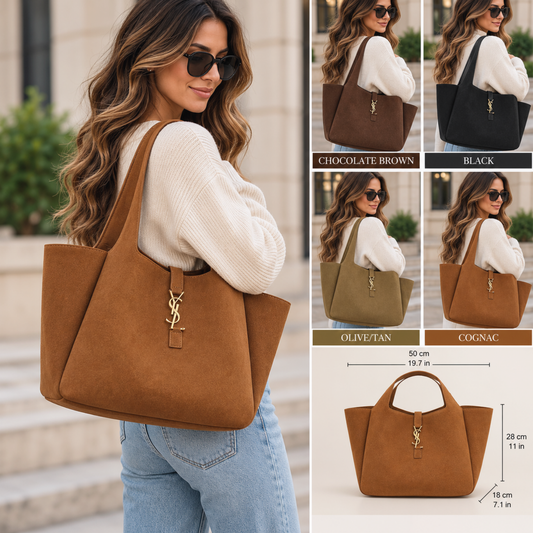 Oversized Suede Shoulder Tote Bag with Gold Logo Hardware