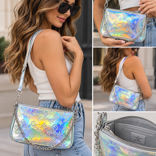 Holographic Iridescent Monogram Shoulder Bag with Silver Chain Detail