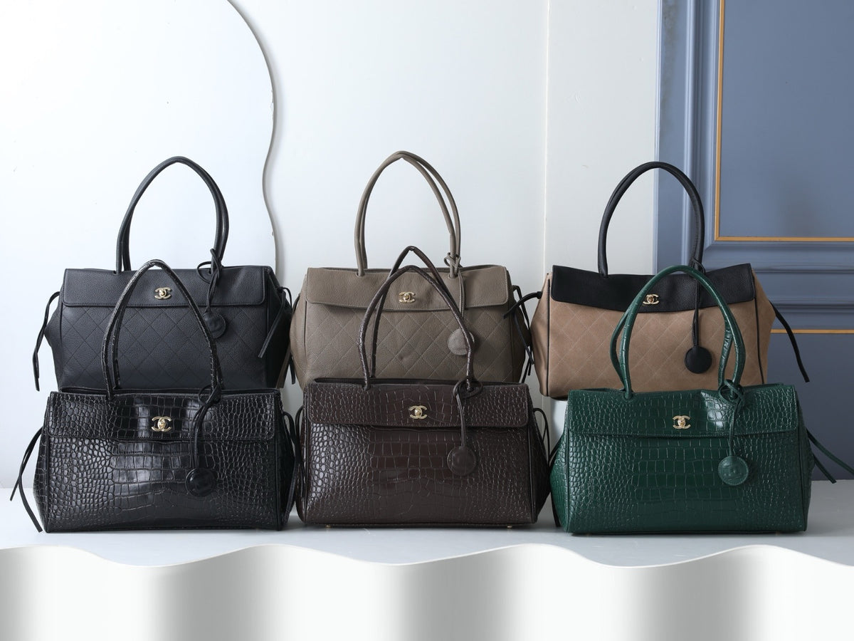 Quilted & Croc Embossed Structured Tote Handbag with Gold Hardware