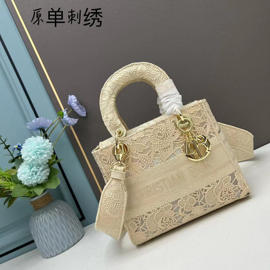 LADY D-LITE BAG Tan Embroidery with Macramé 24*20*11cm