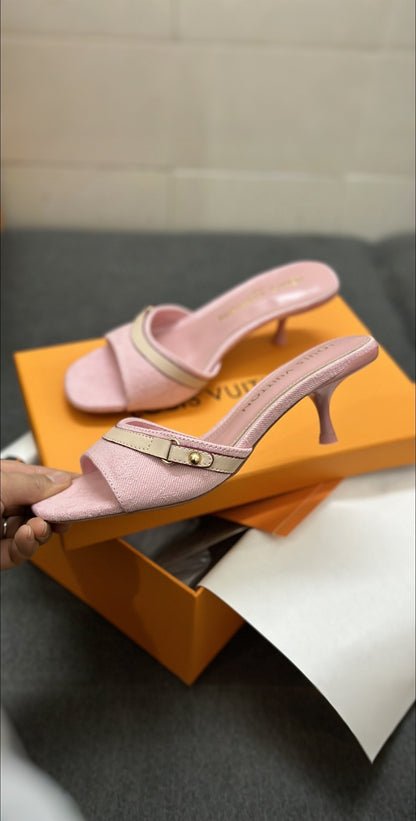 Blush Pink Open Toe Stiletto Heel Mules with Gold Buckle Detail