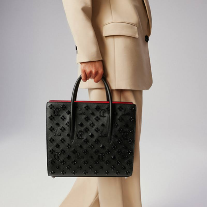 Paloma Medium Tote Bag – Black Monogram Leather with Red Accents