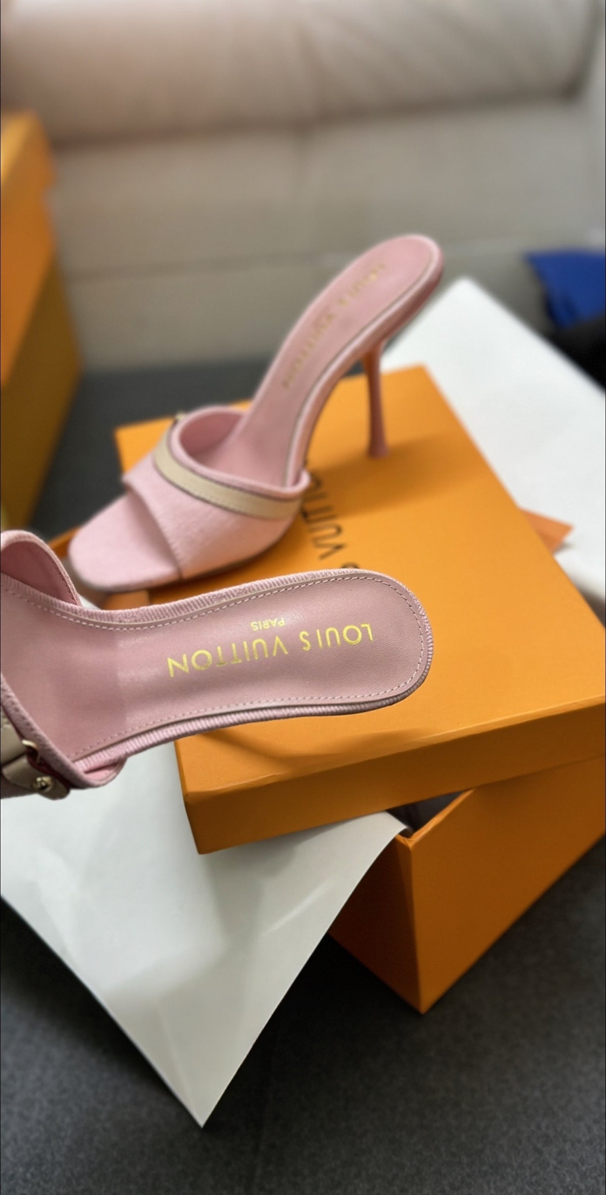 Blush Pink Open Toe Stiletto Heel Mules with Gold Buckle Detail