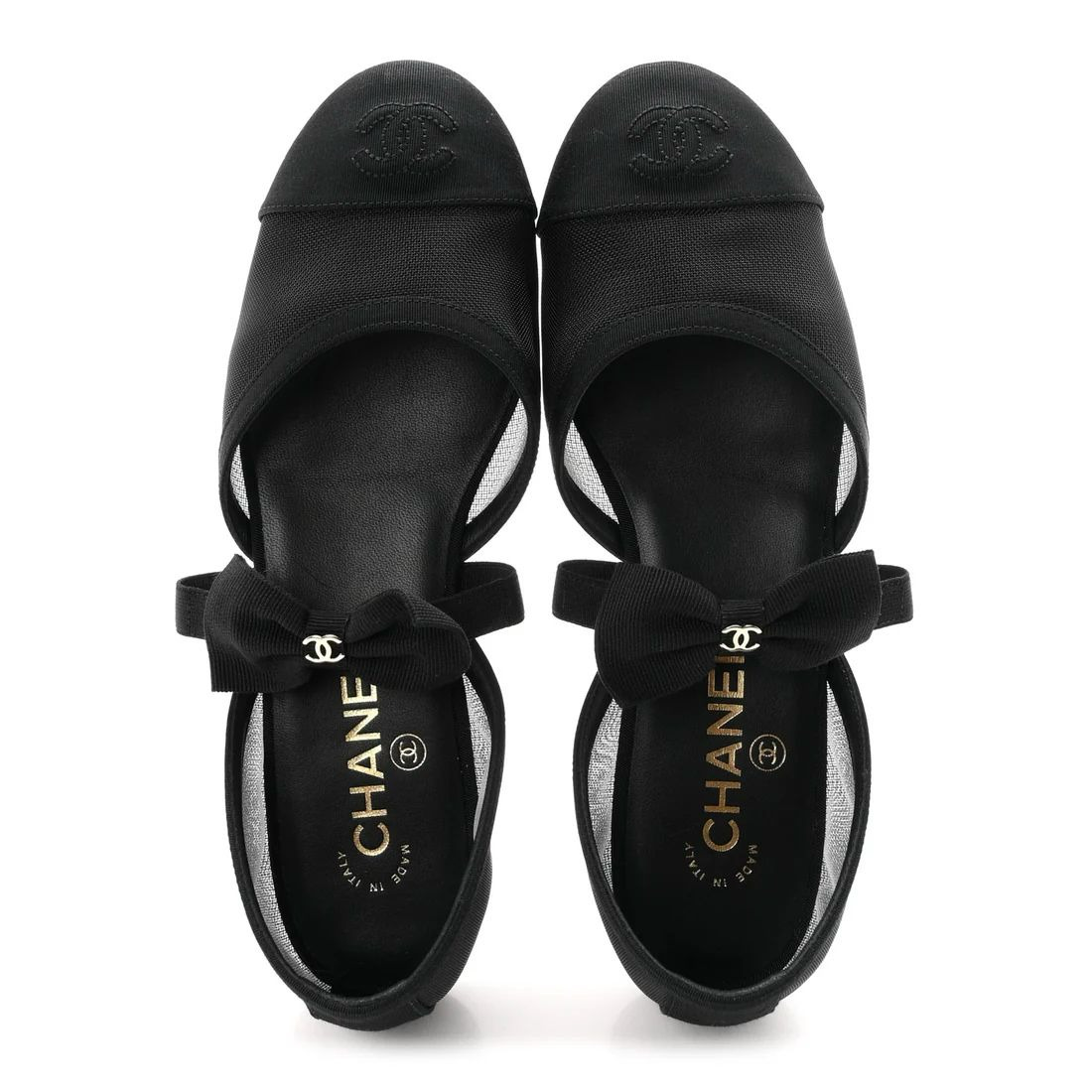 Women's Black Mesh Cap Toe Slingback Flats with Bow & Gold CC Accent