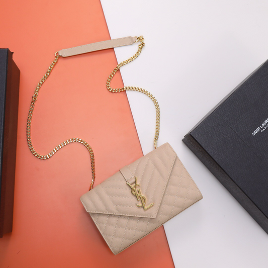 Quilted Envelope Crossbody Bag – Gold Chain Strap | Black & Beige