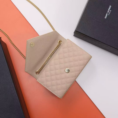 Quilted Envelope Crossbody Bag – Gold Chain Strap | Black & Beige
