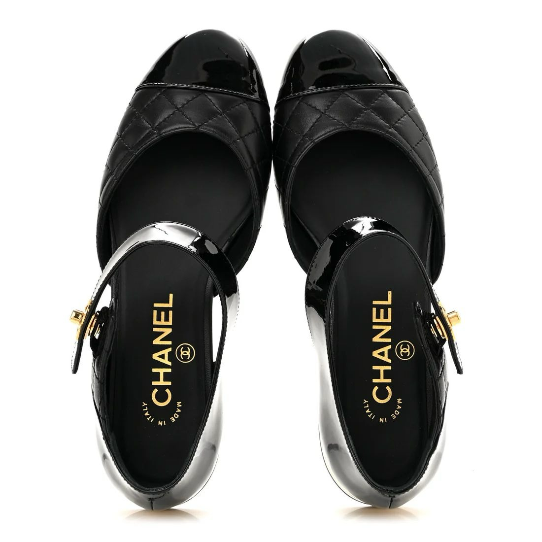 Women's Black Quilted Patent Leather Cap Toe Mary Jane Flats with Gold Buckle