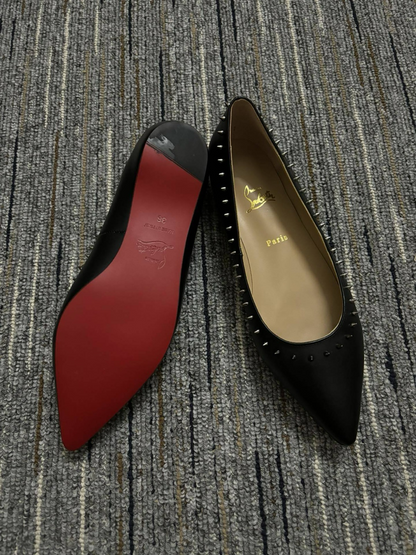 Black Leather Pointed Toe Spiked Studded Ballet Flats