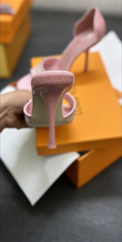 Blush Pink Open Toe Stiletto Heel Mules with Gold Buckle Detail