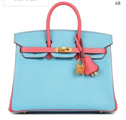 Celeste Blue & Rose Pink Leather Top Handle Satchel Bag with Gold Hardware