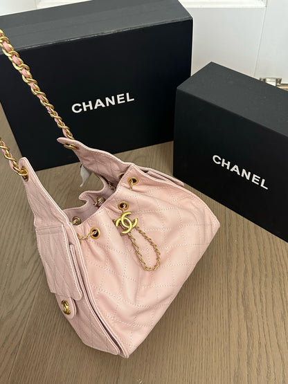 Blush Pink Quilted Drawstring Bucket Shoulder Bag with Gold Chain Accents