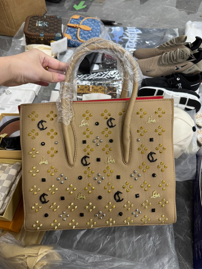 Tan Embellished Leather Tote Bag with Studded Monogram Details