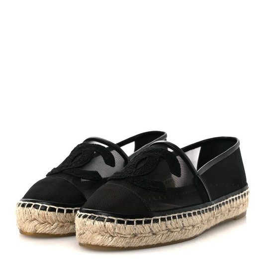 Black Sheer Mesh Espadrille Flats with Embroidered CC Logo & Braided Platform Sole