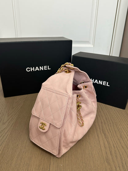 Blush Pink Quilted Drawstring Bucket Shoulder Bag with Gold Chain Accents
