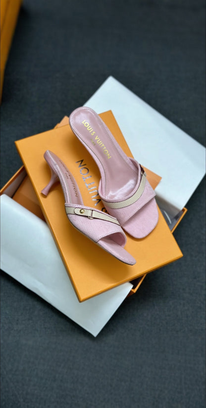 Blush Pink Open Toe Stiletto Heel Mules with Gold Buckle Detail