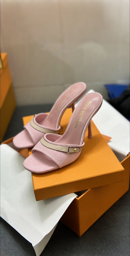 Blush Pink Open Toe Stiletto Heel Mules with Gold Buckle Detail