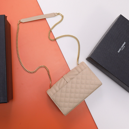 Quilted Envelope Crossbody Bag – Gold Chain Strap | Black & Beige