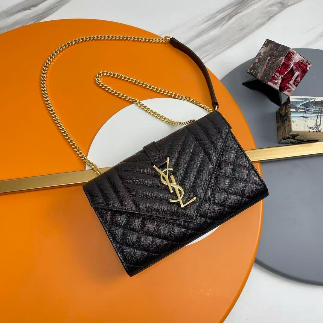Quilted Envelope Crossbody Bag – Gold Chain Strap | Black & Beige