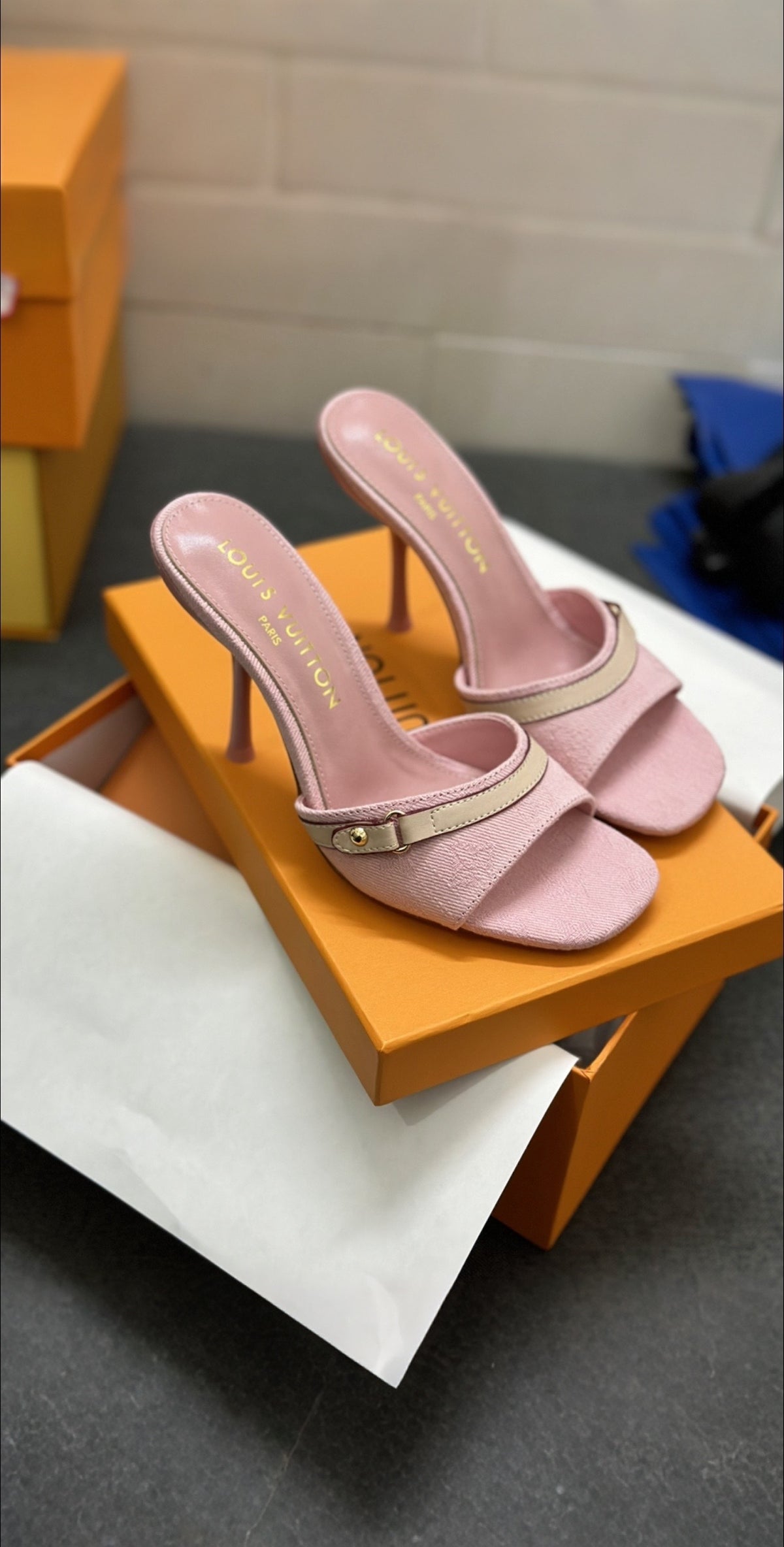 Blush Pink Open Toe Stiletto Heel Mules with Gold Buckle Detail