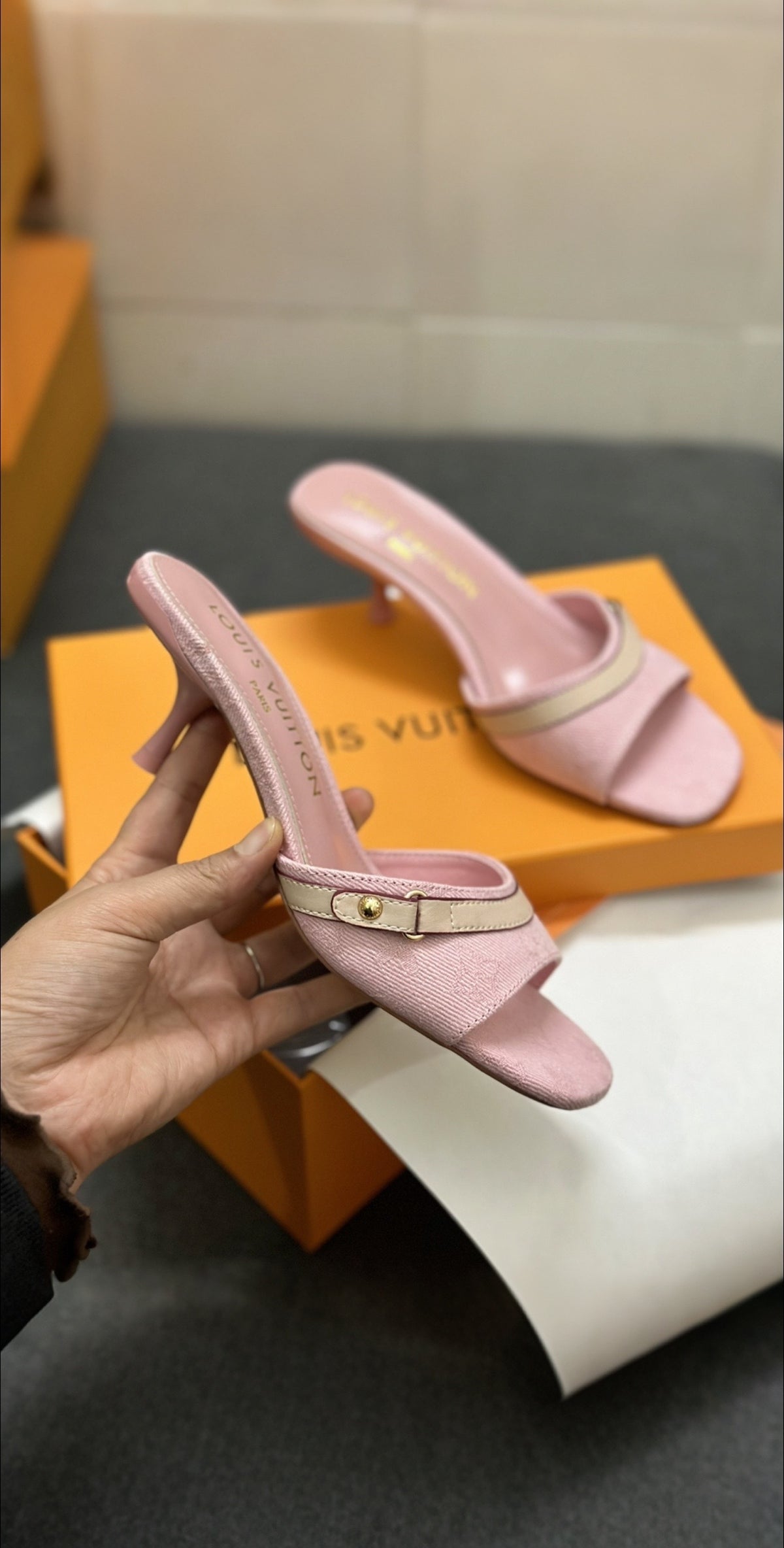 Blush Pink Open Toe Stiletto Heel Mules with Gold Buckle Detail