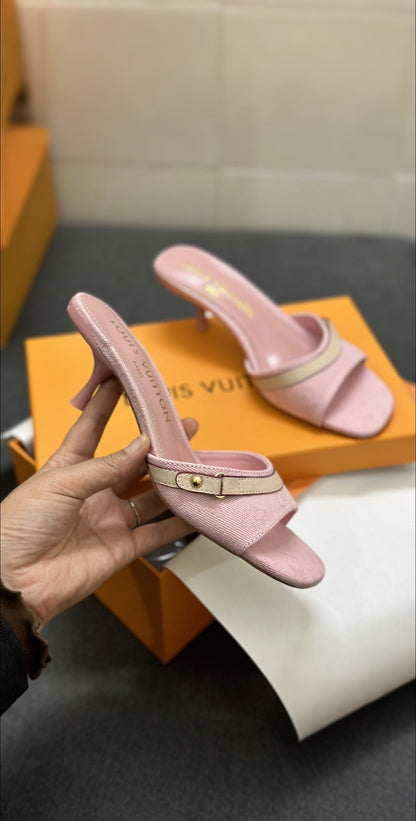 Blush Pink Open Toe Stiletto Heel Mules with Gold Buckle Detail