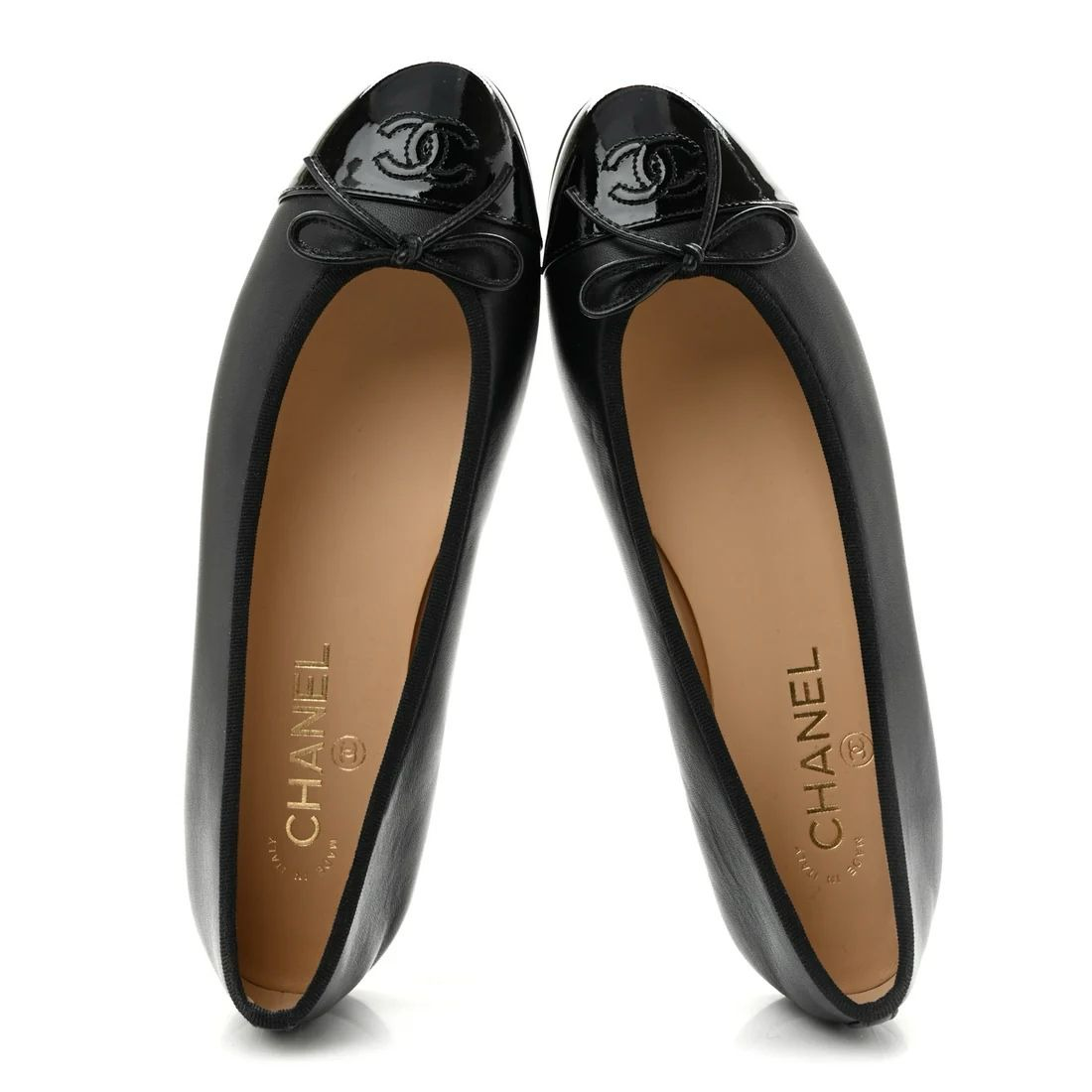 Women's Black Leather Cap Toe Ballet Flats with Patent CC Logo & Bow Detail